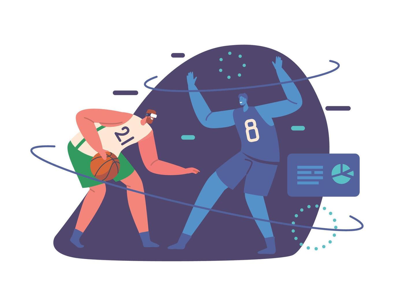 personaje en virtual realidad jugando baloncesto, inmerso en digital ambiente ese simula el juego vector
