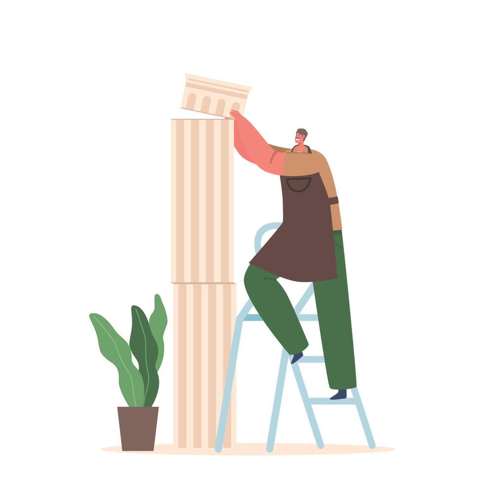 Sculptor Male Character Set Up Marble Block Into Whole Pillar Standing On Ladder. Man Create Stone Column vector