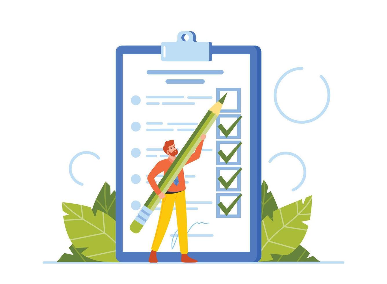 Tiny Male Character Filling Huge Form Putting Tick Marks into Boxes on List. Benchmarking, Questionnaire, Test or Report vector