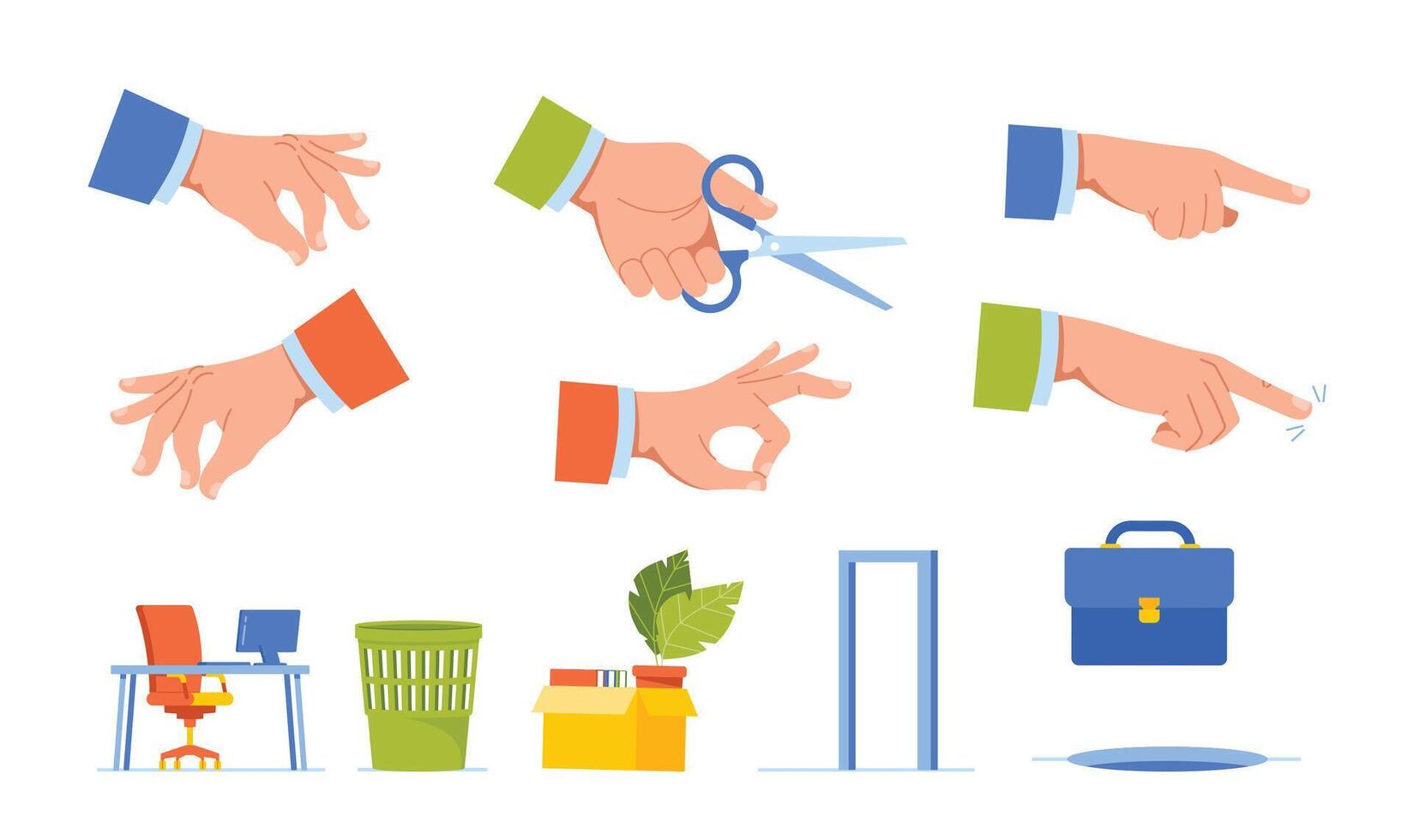 Set of Business Icons with Gesturing Hand, Holding Scissors, Pointing. Office Desk with Chair and Computer, Belongings vector