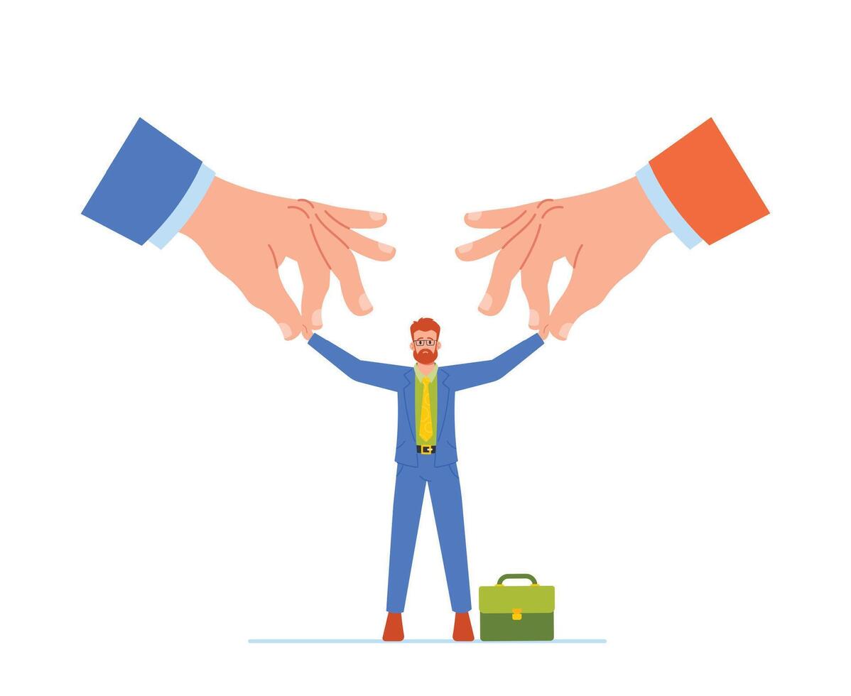 Two Huge Hands Are Pulling An Employee In Opposite Directions, Symbolizing Difficult Decision Or Conflicting Priorities vector