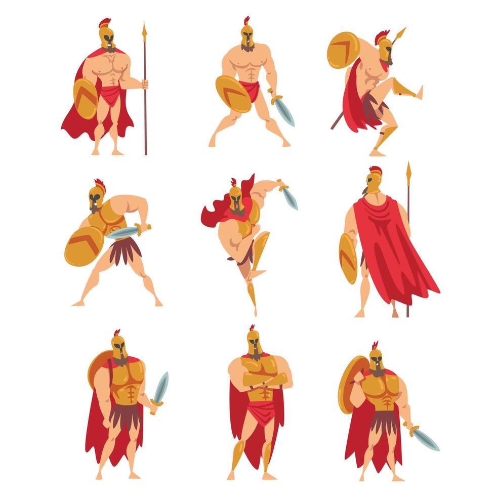 Spartan Man in Red Cloak and Helmet Armed with Spear and Shield Standing and Attacking Set vector