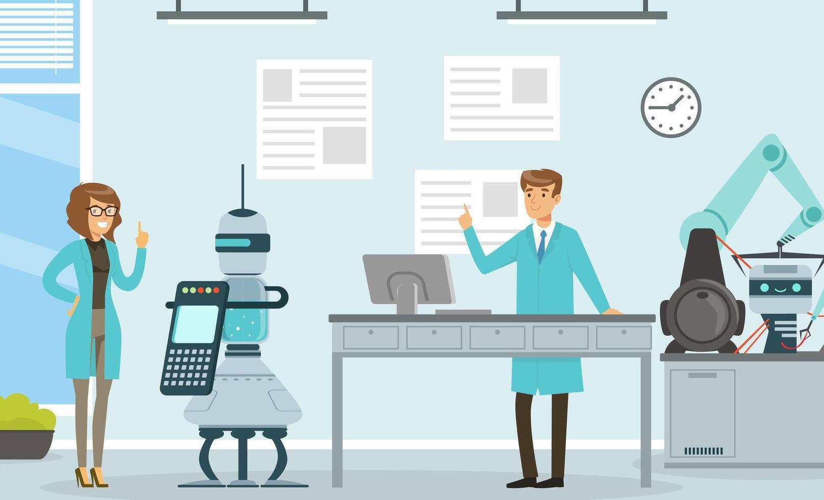 Artificial Intelligence Development with Man and Woman Scientist Engaged in Robot and Machine Research Illustration vector