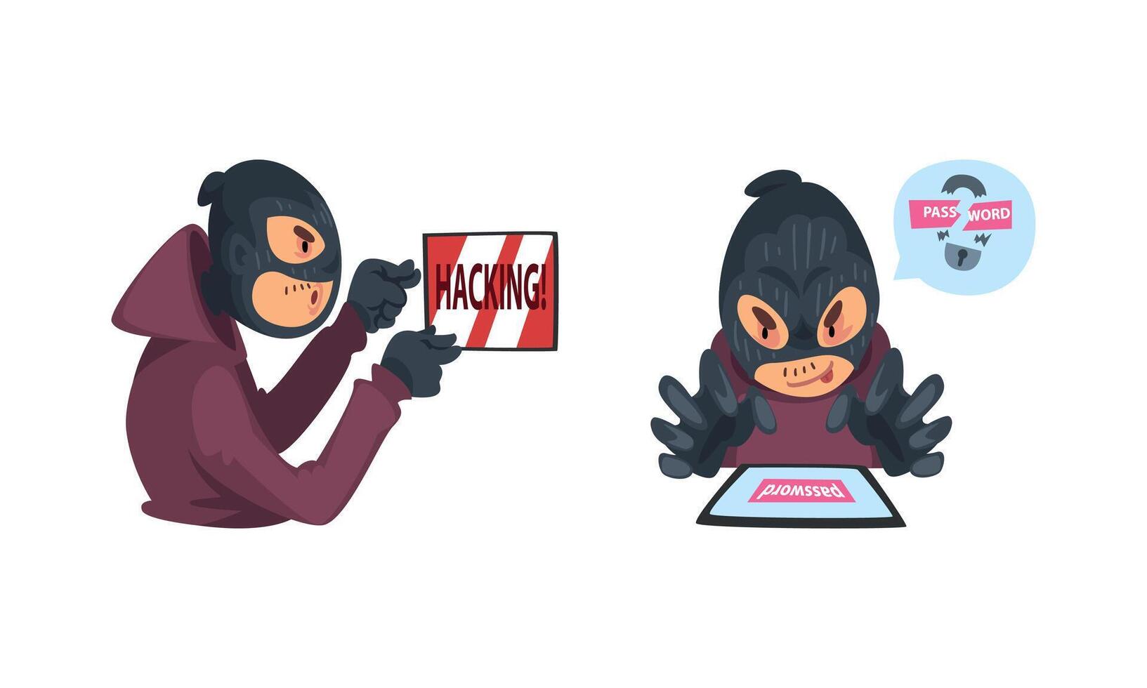 Hacker in Black Mask Breaking Password and Mobile Security Set vector