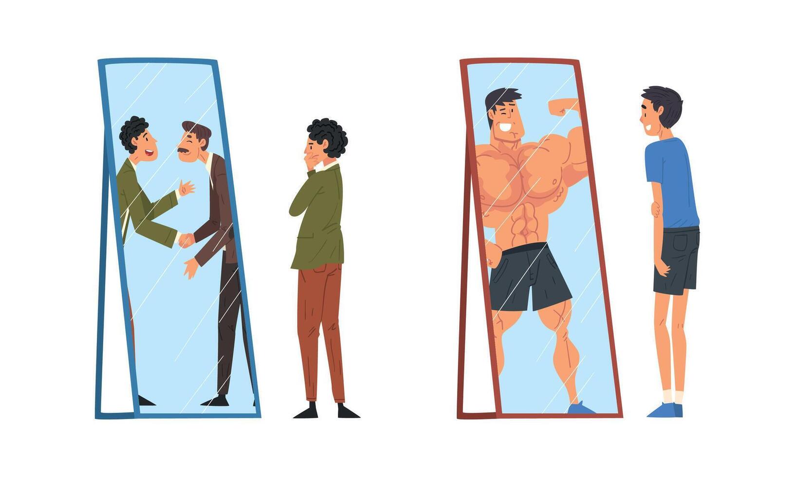 Man Standing in Front of Mirror Looking at His Reflection and Imagine Himself as Successful and Attractive Set vector