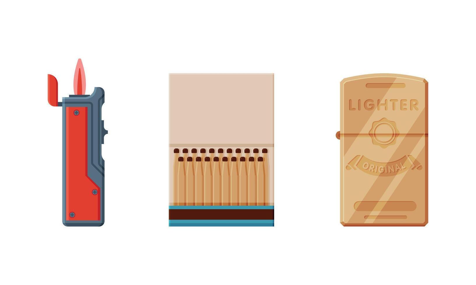 Lighter and Box of Matches as Portable Device Generating Flame Used for Ignition Cigarette or Gas Stove Set vector