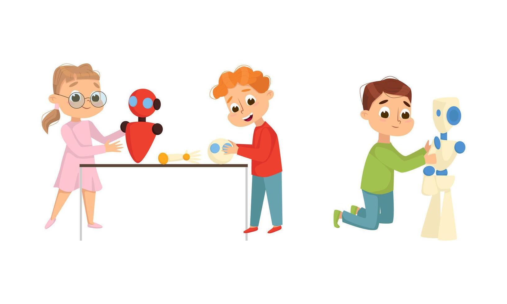 Cute Little Kid Programming and Creating Smart Robot Set vector