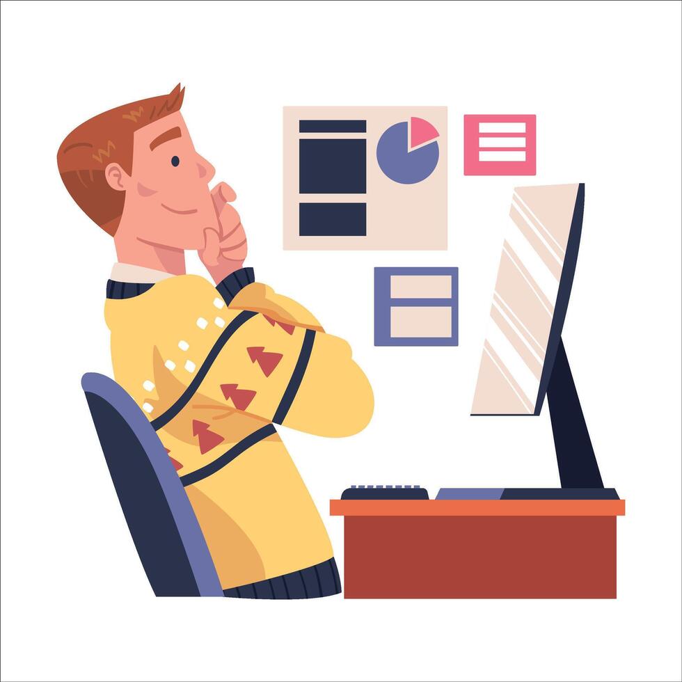 Man Character Sitting at Computer Screen Working with Information Analyzing Data and Browsing Internet Illustration vector