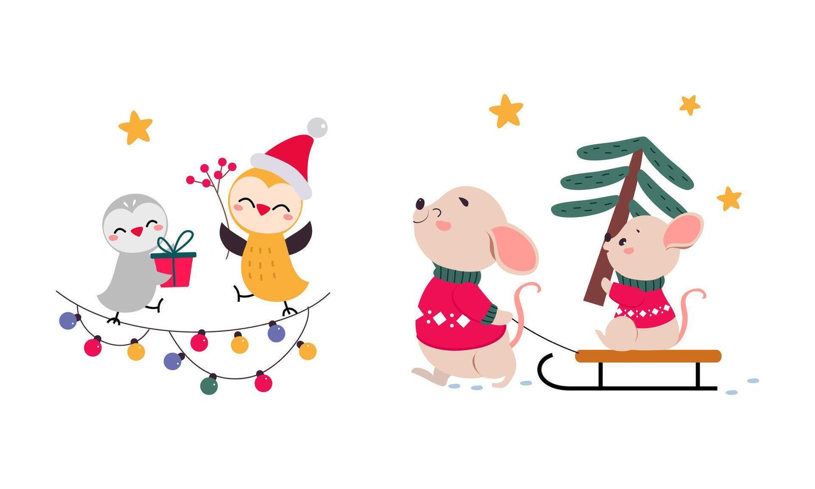 Cute Mouse and Birds as New Year Character Pulling Sledge and Sitting on Garland Set vector