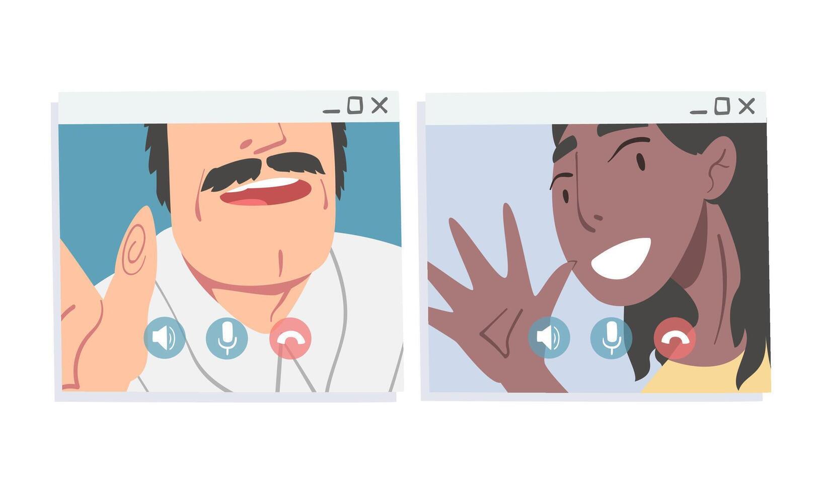 Conference Screen with Man and Woman Calling Friend and Communicating Via Internet App Set vector