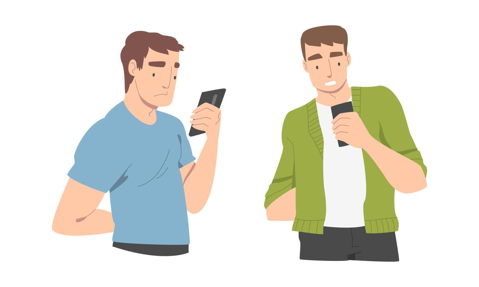 Disappointed with Bad News Man Character Reading Message on Smartphone Illustration Set vector