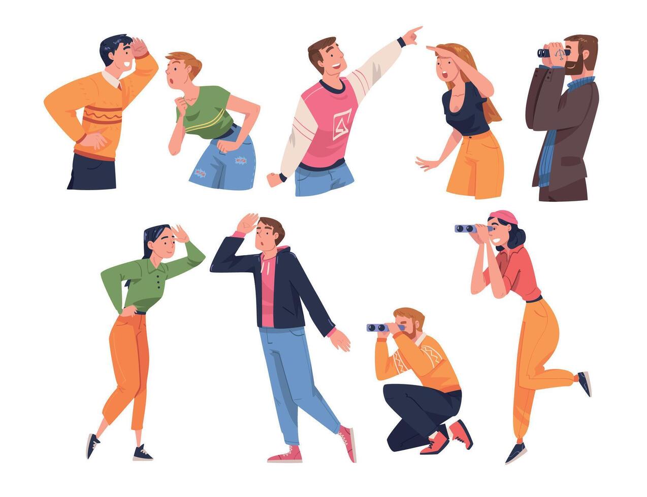 People Character Looking at Something Interesting Smiling and Pointing Finger Set vector