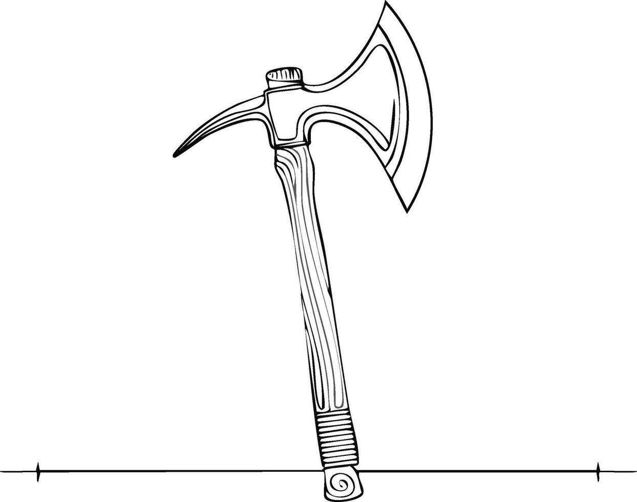 Medieval Axe with Wooden Handle, Line Art Illustration, Outlined Sharp Edge, Isolated on White Background vector