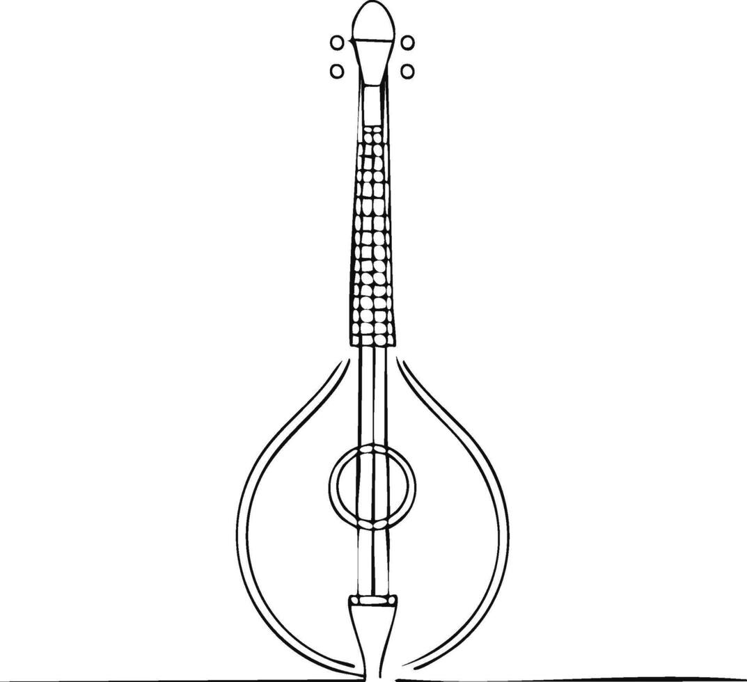Minimalist continuous line drawing of a folk string instrument with a rounded body and fretted neck vector