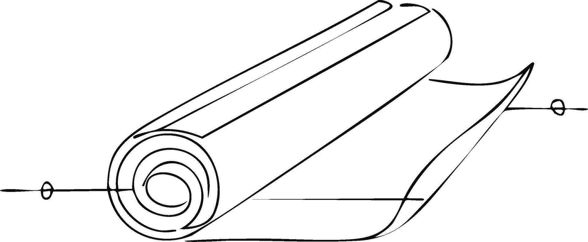 continuo línea dibujo de un arrollado arriba yoga estera con un cola desenrollando vector