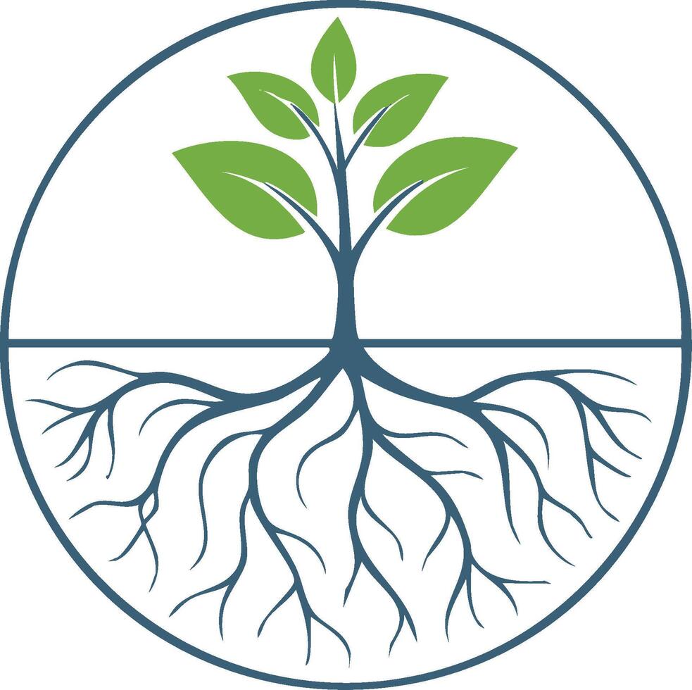 Minimalist tree with a visible root system in a circle symbolizing growth and ecology vector