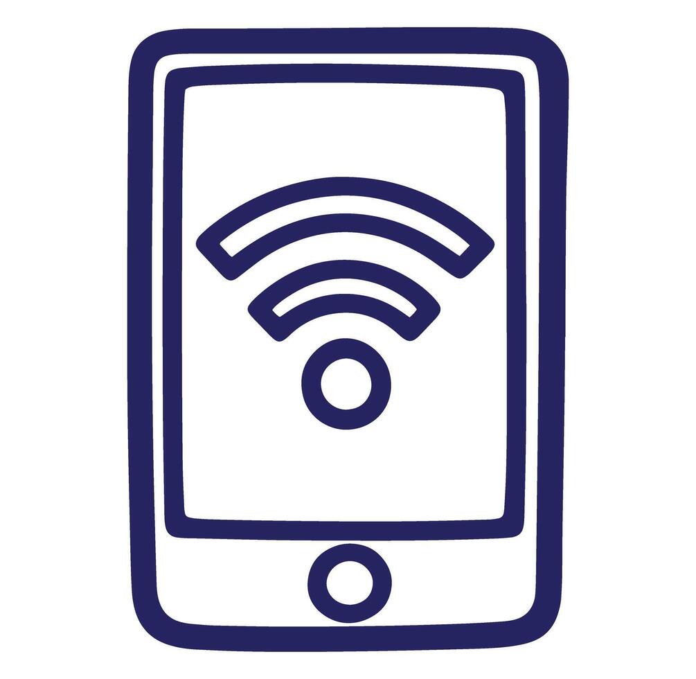 Simple blue outline icon depicting a tablet device displaying wireless internet connection vector