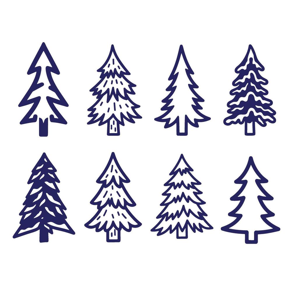 Collection of hand drawn christmas tree illustrations in a simple and artistic linear style vector