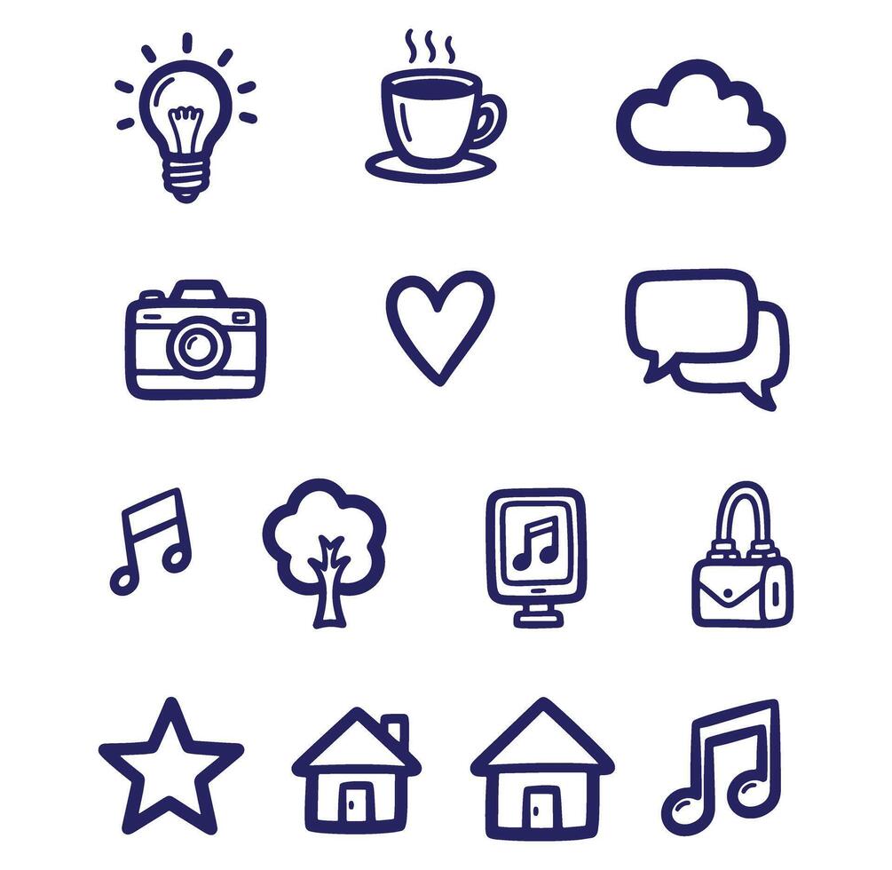 Set of hand drawn doodle icons with simple outlines representing various concepts vector