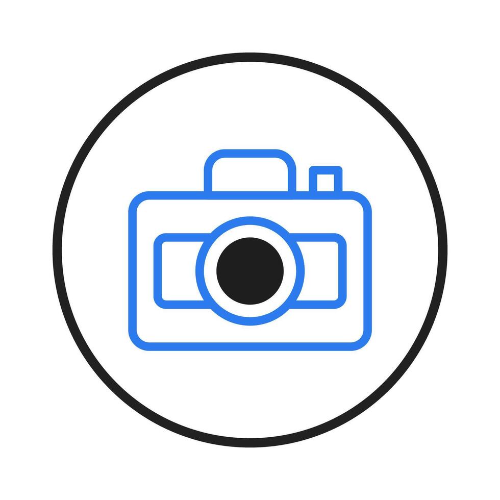 Simple camera icon inside a circle representing photographic equipment and capturing memories with vector