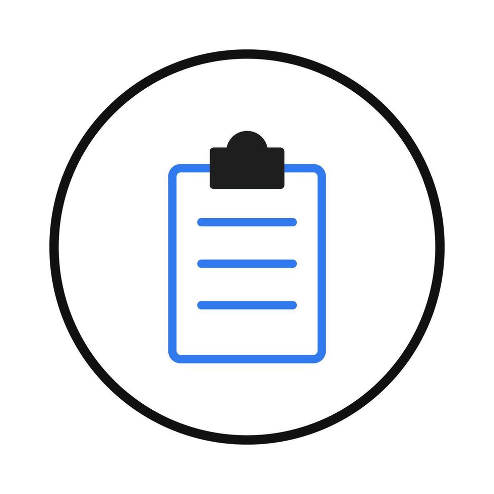 Stylized clipboard icon surrounded by a circle represents checklist task management or document vector