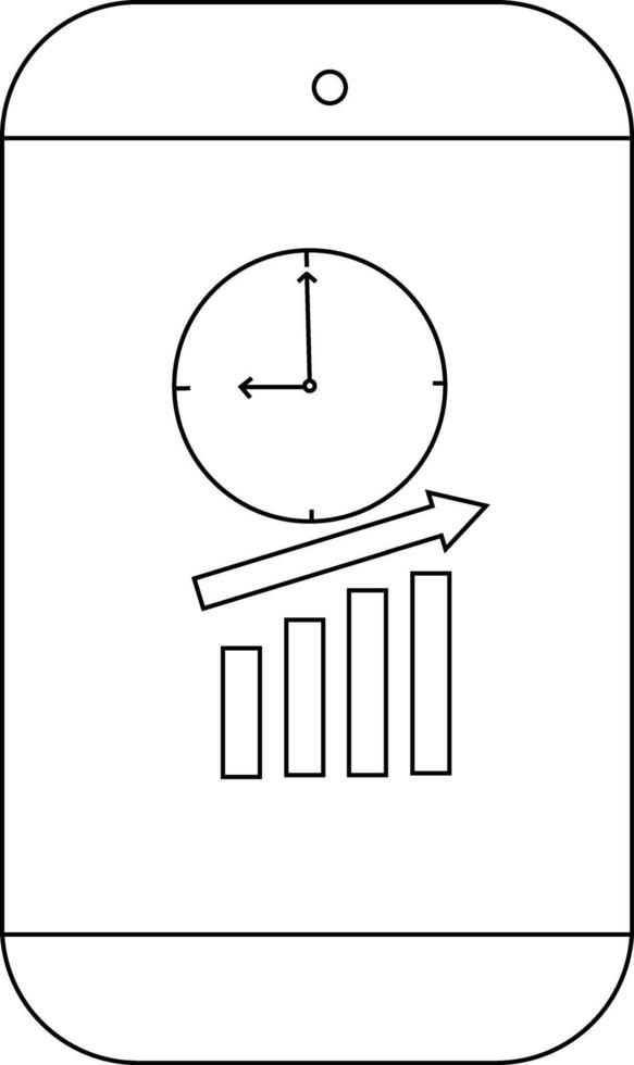 A smartphone displays a clock and an upwardtrending bar graph with an arrow vector