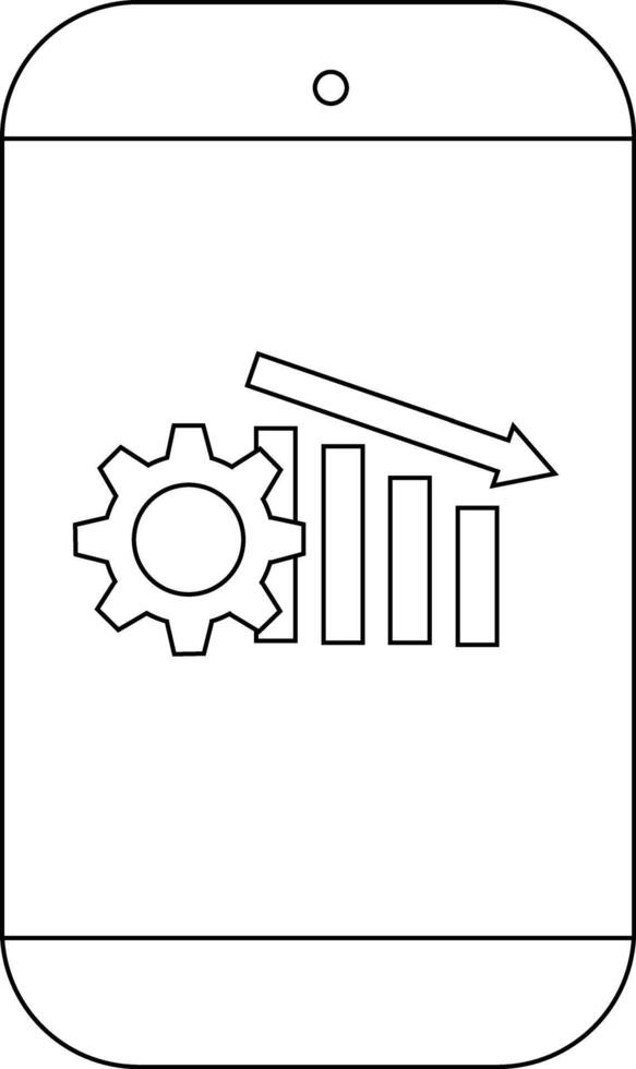 A smartphone displays a cogwheel graph bars decreasing and an arrow pointing downwards vector