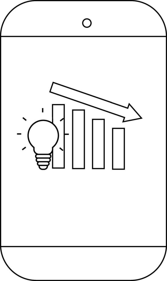 A smartphone displays a descending bar graph a lightbulb and a downwardpointing arrow vector