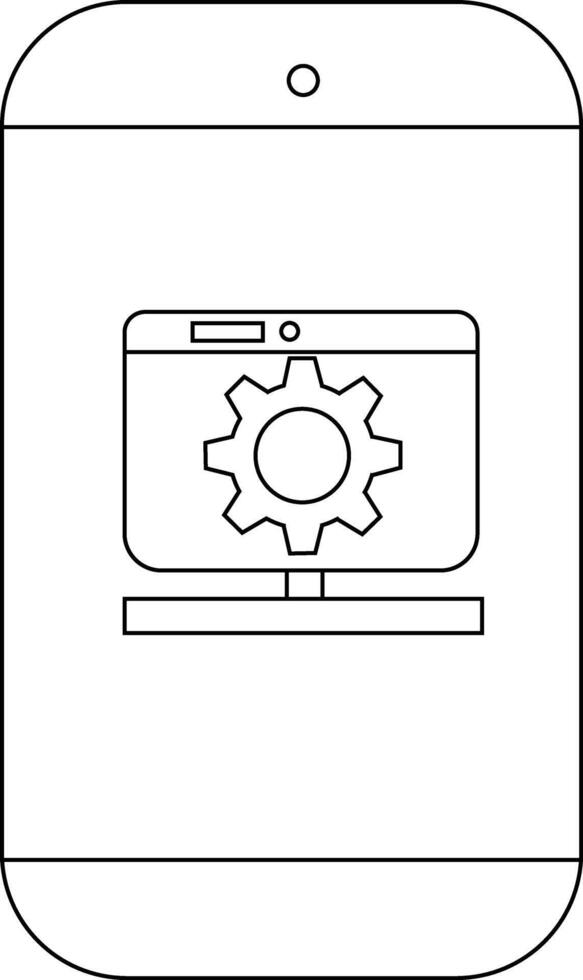 A simple outline drawing of a phone with a computer setup icon displayed on its screen vector