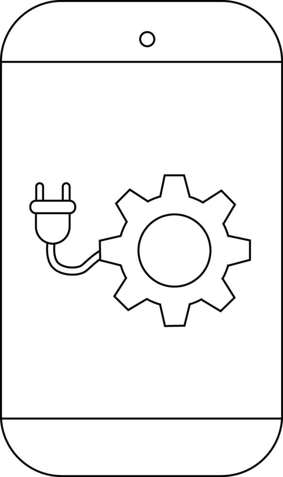Outline of a mobile phone display featuring a plug connected to a gear vector