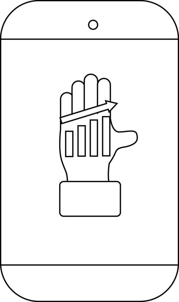 A smartphone screen showing a hand overlaid with a rising bar graph and arrow vector