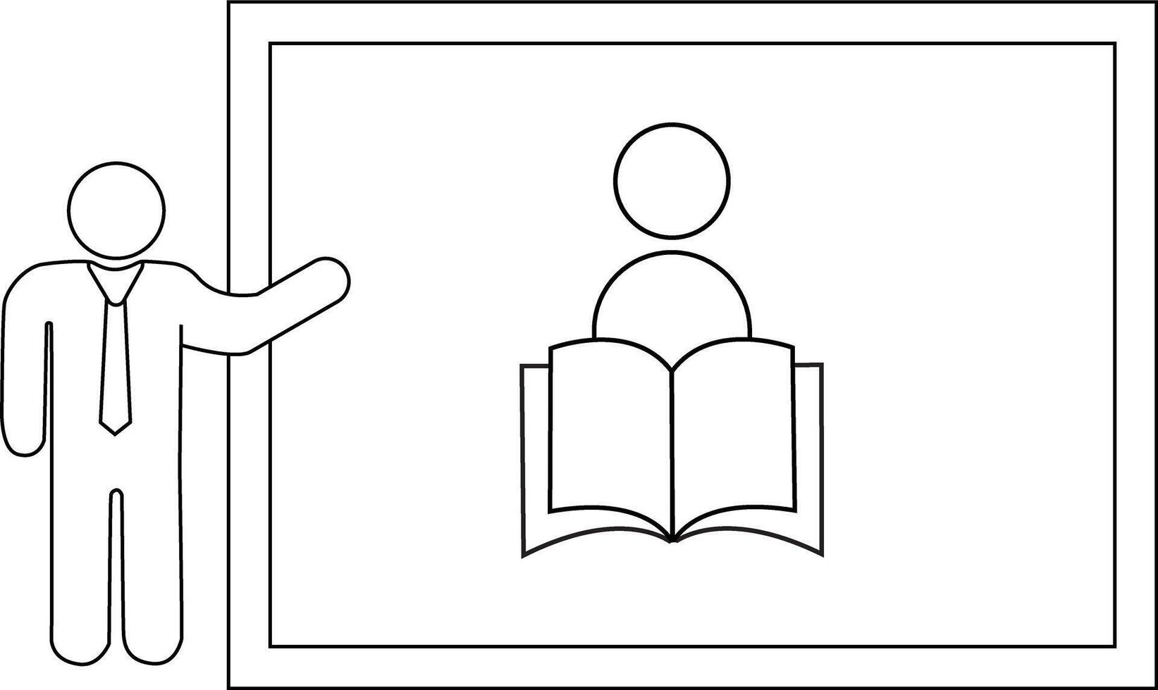 Presentation with presenter gesturing to a figure reading an open book on a board vector