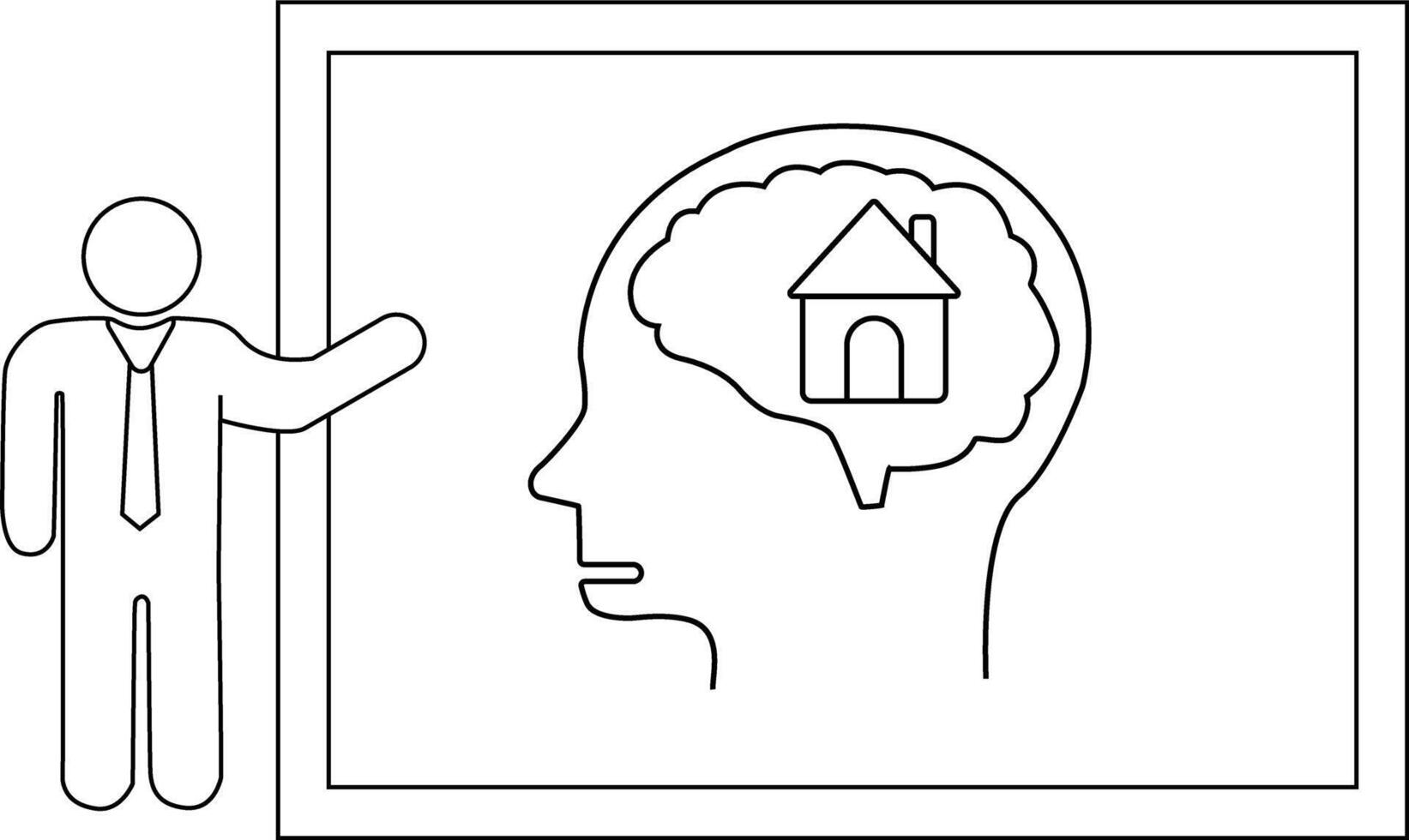 A figure presents a diagram of a head containing a house within the brain all in outline vector