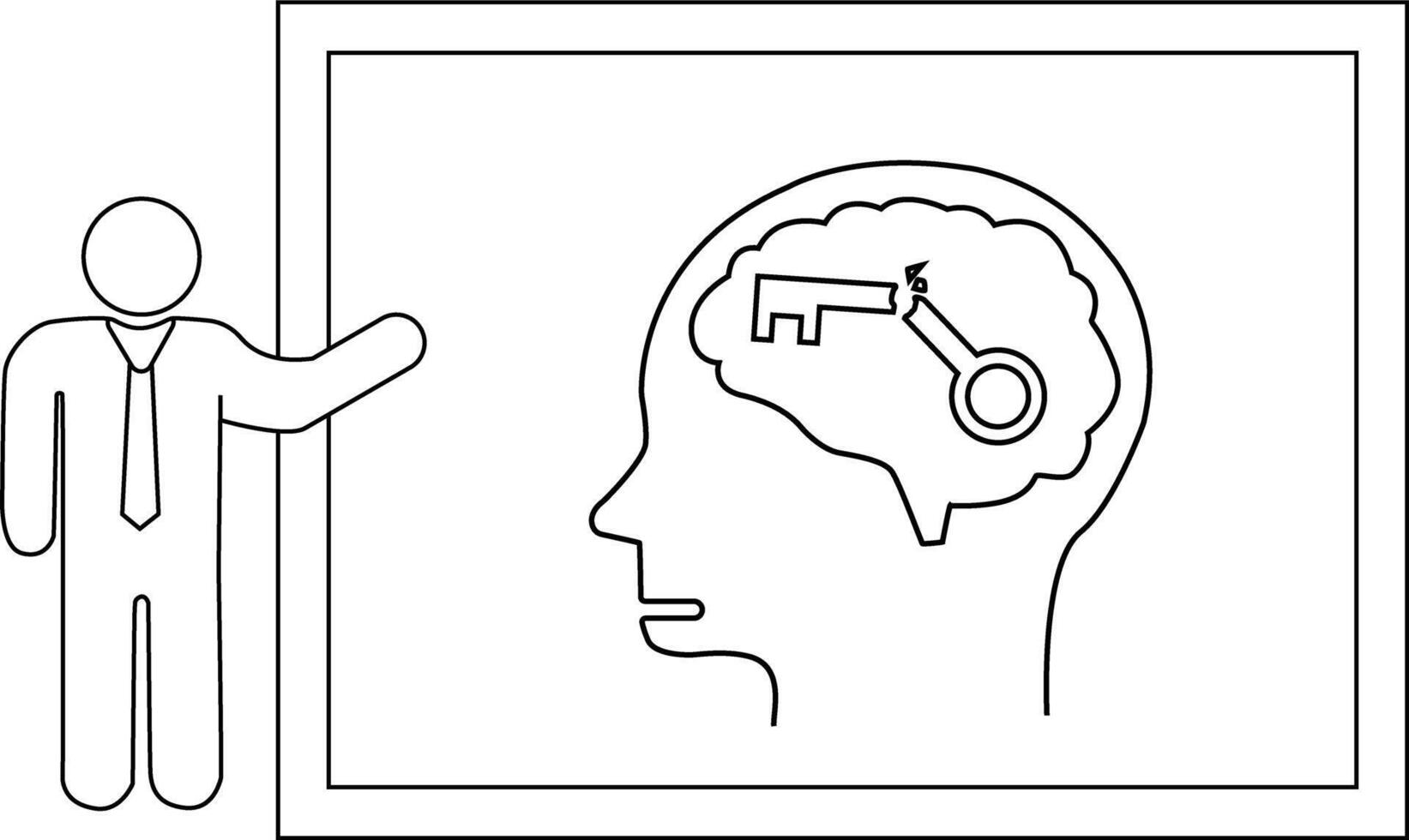 Line art depicts a figure presenting a whiteboard showing a head with a broken key inside the brain vector