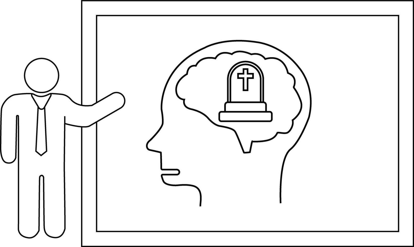 Presenter gesturing towards a brain image with a tombstone inside displayed within a rectangular frame vector