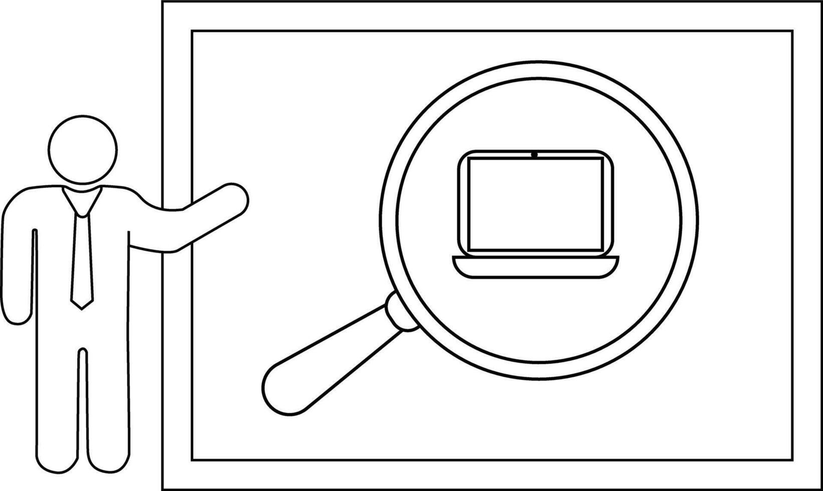 un sencillo línea dibujo de un presentador siguiente a un aumentador vaso enfoque en un ordenador portátil pantalla en un rectangular marco vector