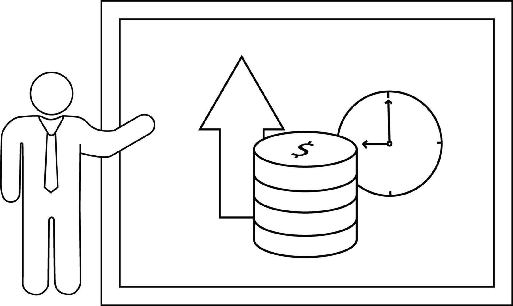 A person presenting a graphic of an up arrow a stack of coins and a clock on a whiteboard vector