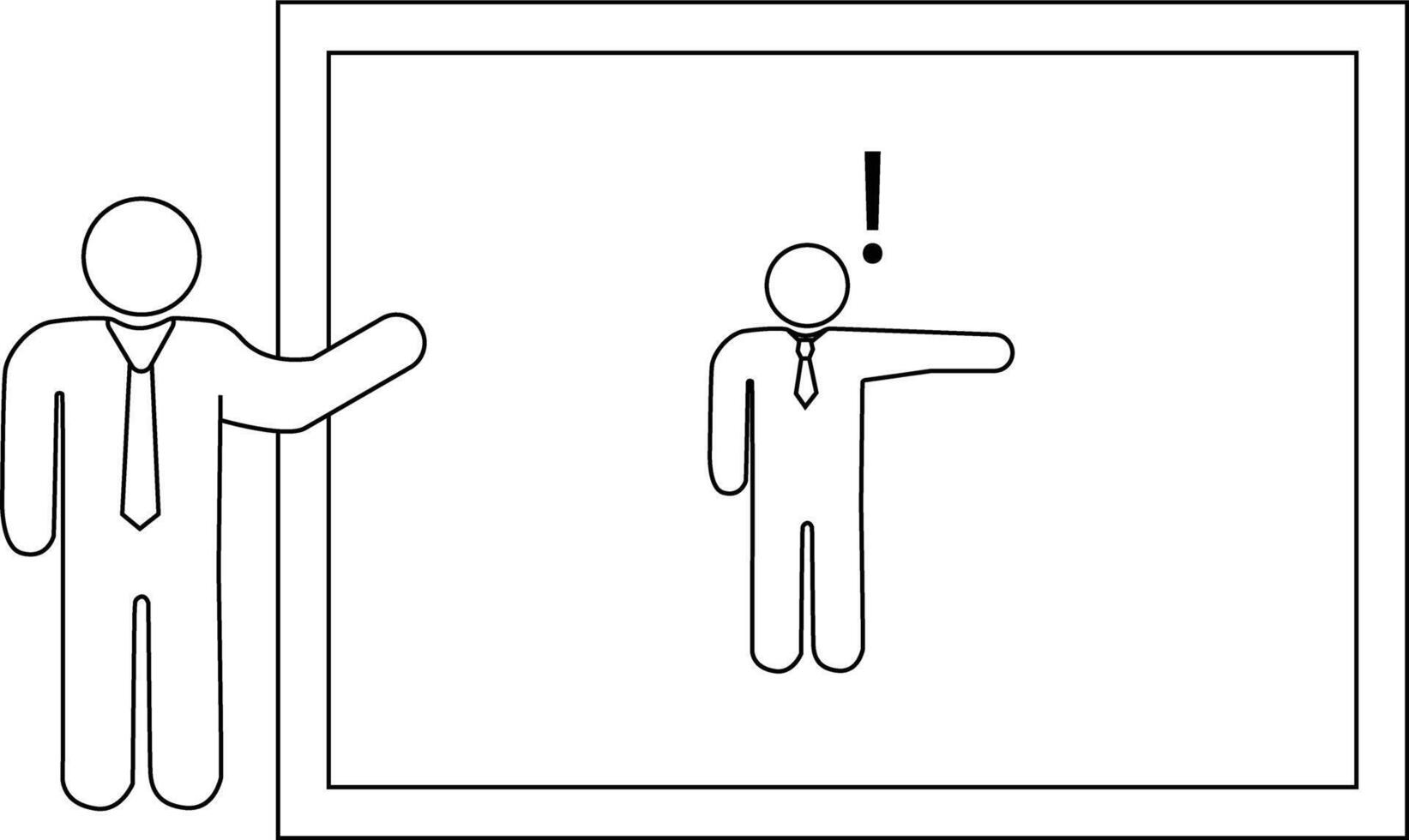 Presentation scene shows a person lecturing next to an image on a screen highlighted by an exclamation mark vector