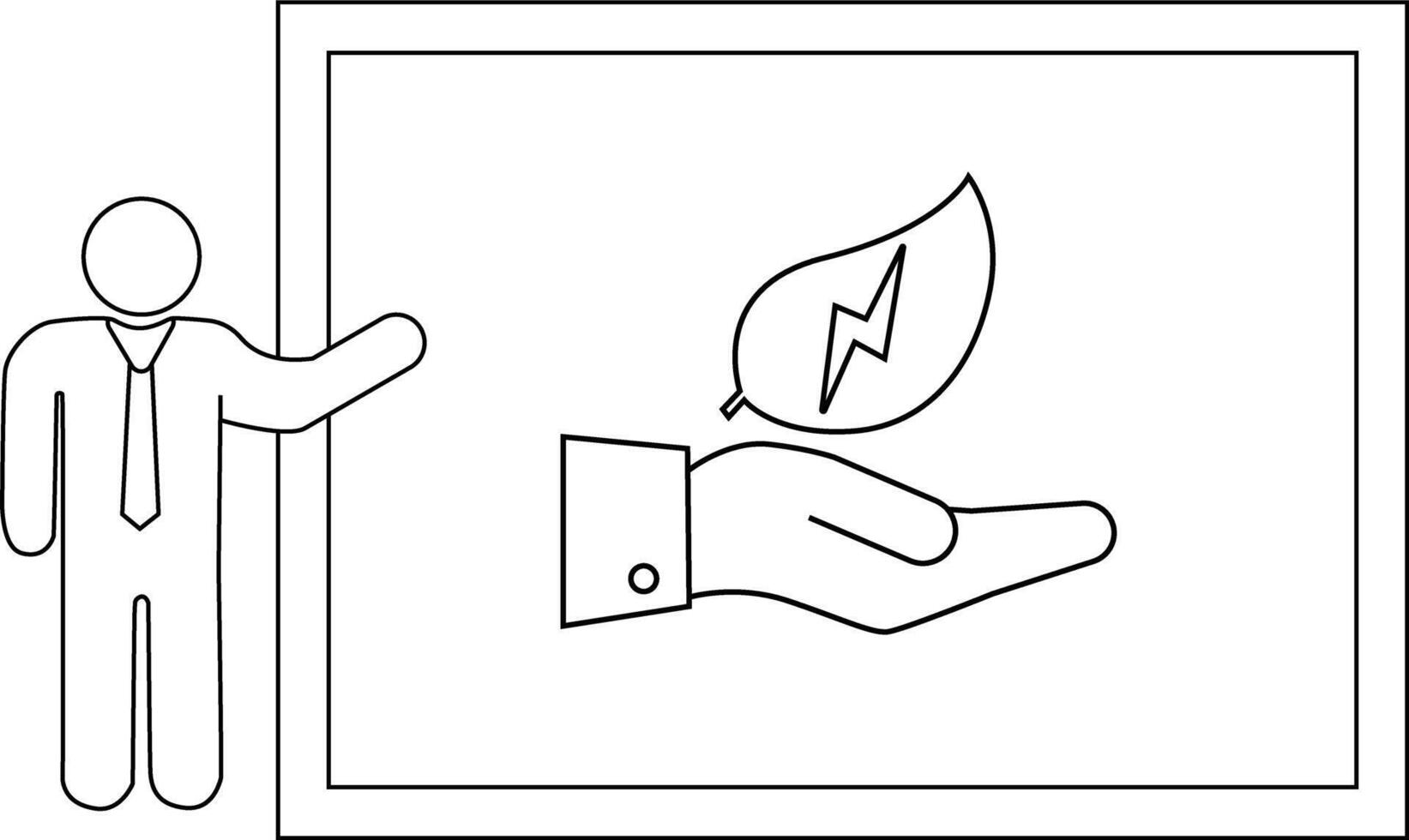 Presenter indicates a hand holding a leaf with a lightning bolt on a whiteboard vector