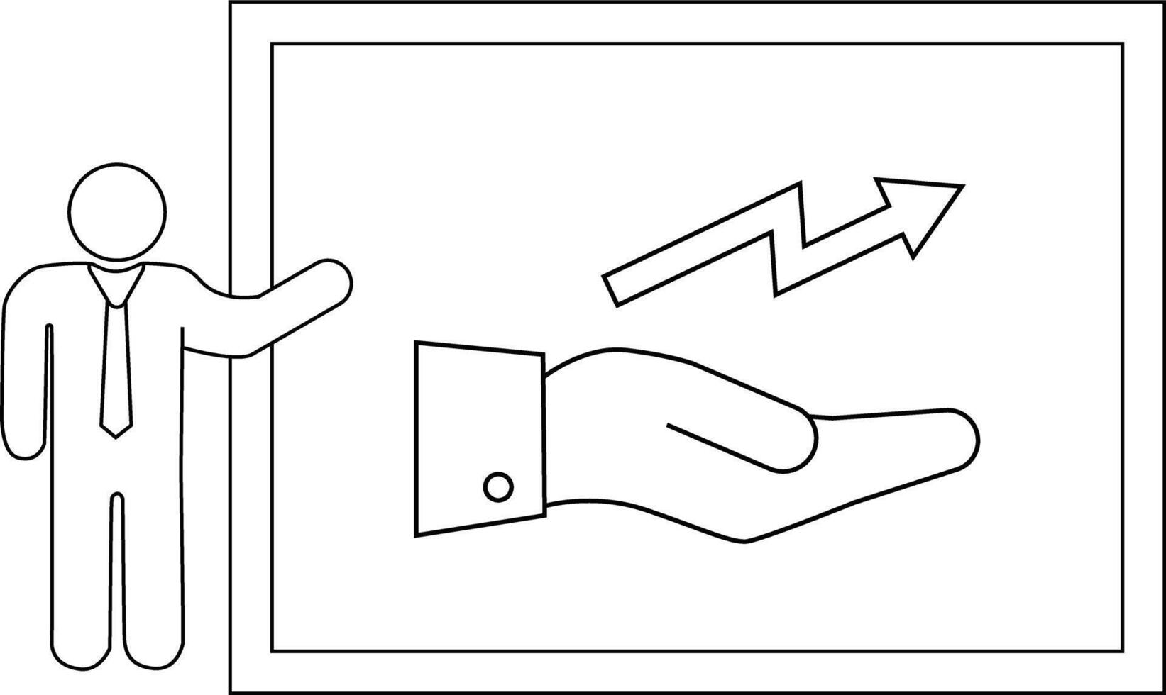 A stick figure presenting an image of a hand with an upwardpointing arrow on a screen vector