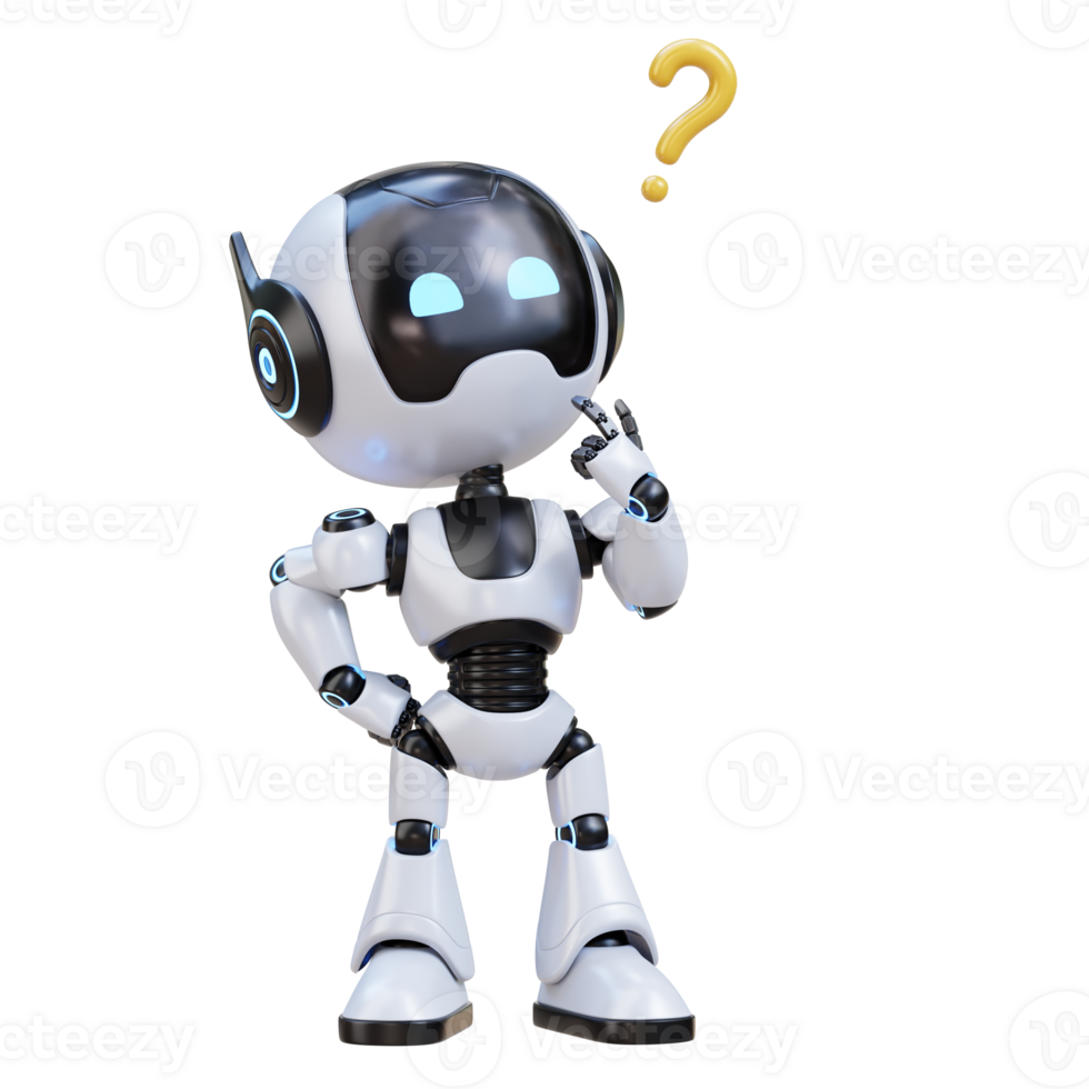 3D Cute Robot assistant in Thinking Gesture with Question Mark png