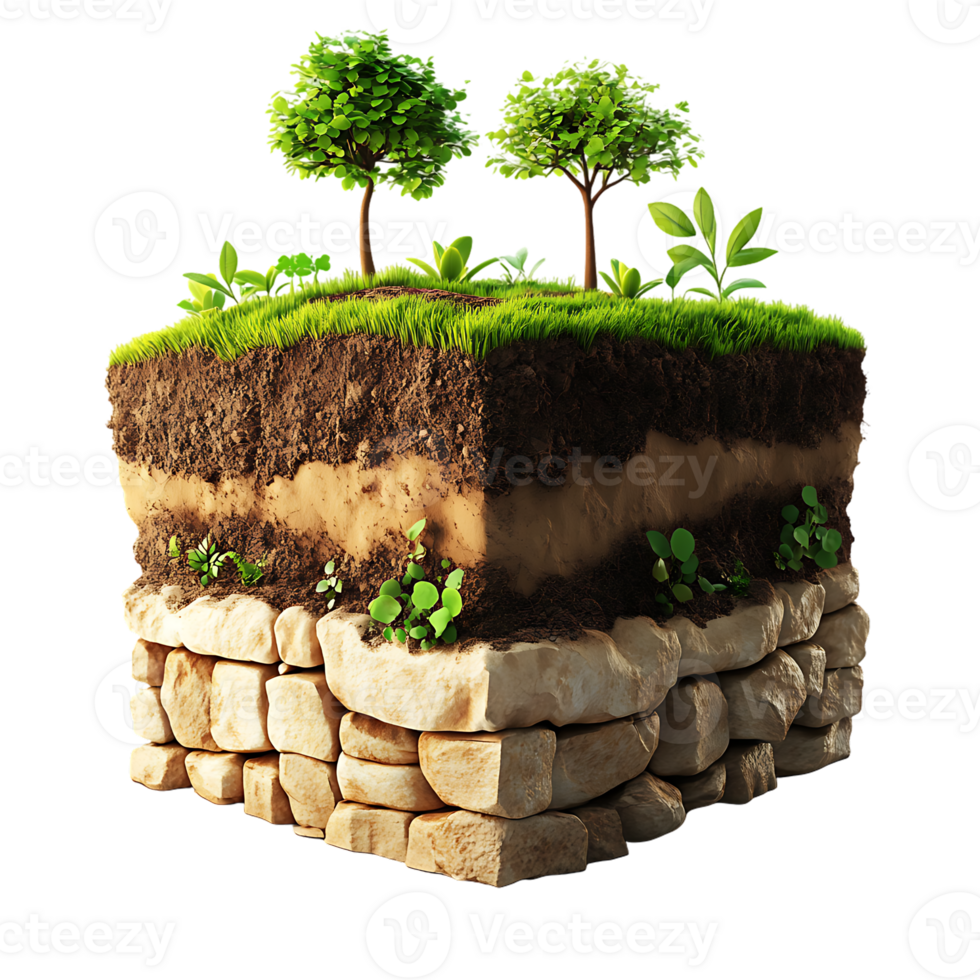 Cross section of earth block with trees grass and stone structure nature concept png
