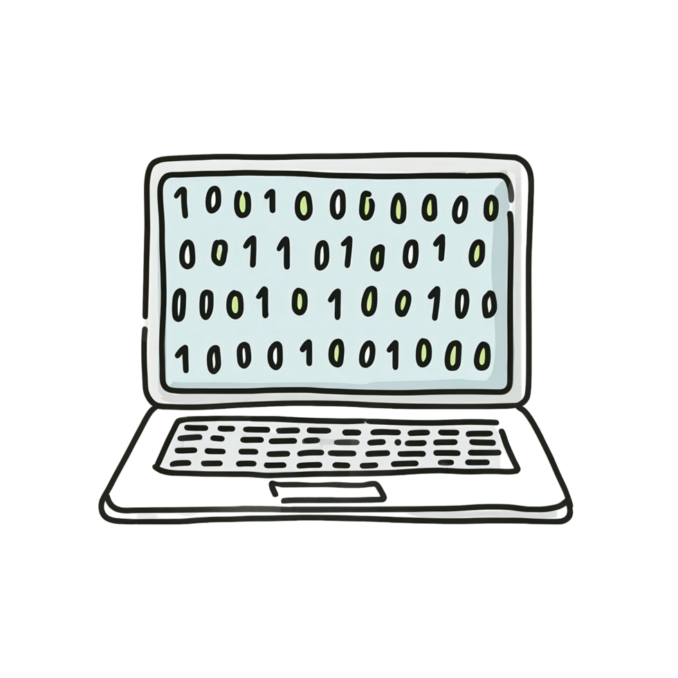 Sketchy Handdrawn Laptop Computer with Binary Code for Digital Concept png
