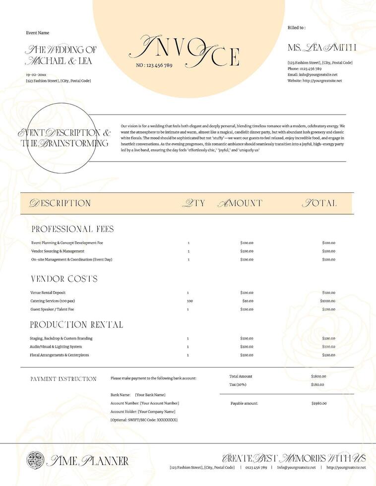 Clean Romantic Elegant Typography Event Organizer Invoice in Light Creme Color template