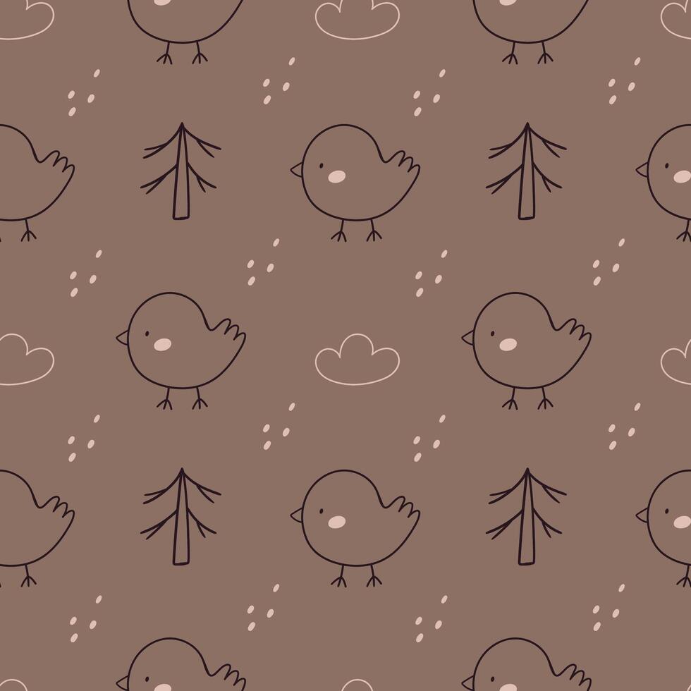 Seamless pattern with cute birds, trees, clouds, and dots on a brown background. Scandinavian minimalism style perfect for baby textiles, nursery prints, and soft cozy decor. vector