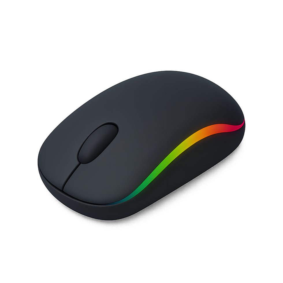 Sleek wireless computer mouse featuring an ergonomic design and a vibrant multicolor LED light strip, delivering precise control and enhancing any modern digital workspace png