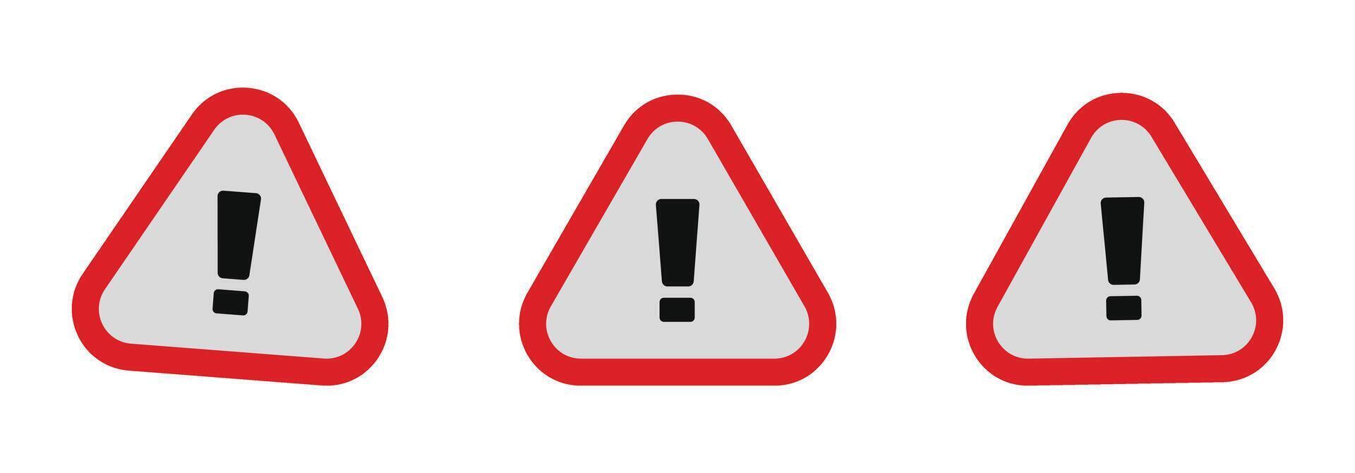 Set of Flat Warning Sign Icons. Attention and Danger Symbols with Exclamation Mark in Red Triangle. vector