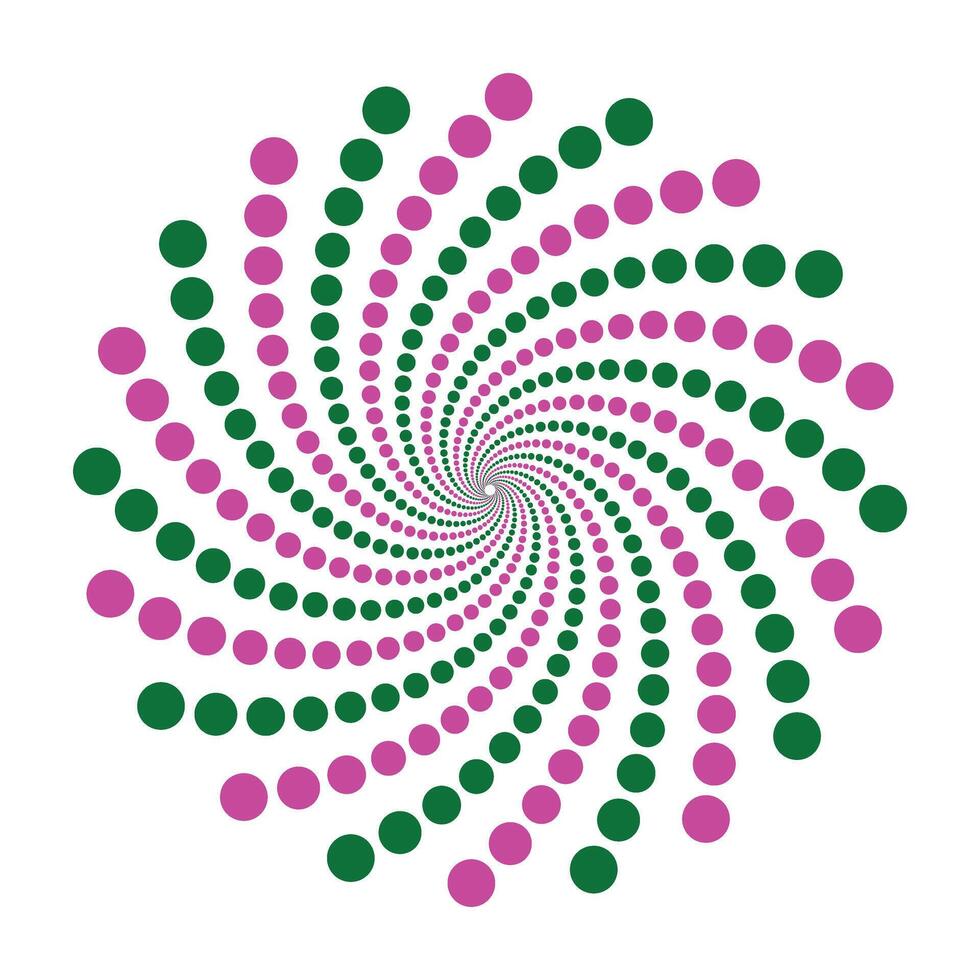 Hypnotic Spiraling Dot Pattern Background Design with Dynamic Green and Magenta Circles. vector