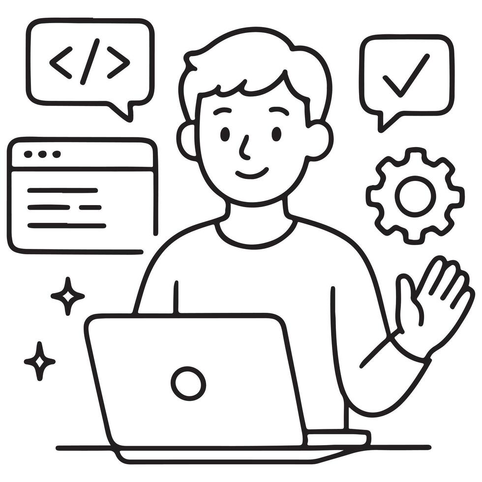 joven hombre codificación en ordenador portátil computadora web desarrollador trabajando en proyecto. vector