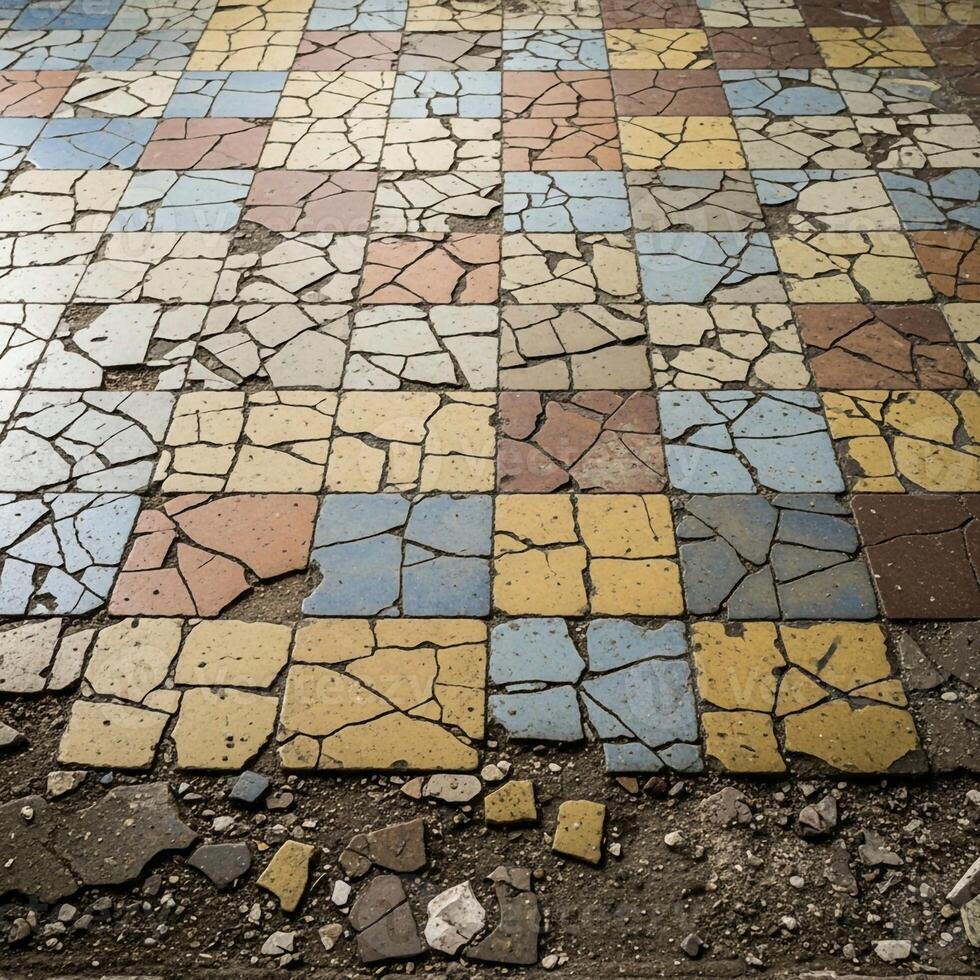 Abstract mosaic floor with cracked and broken colorful tiles creating a textured and weathered surface pattern photo